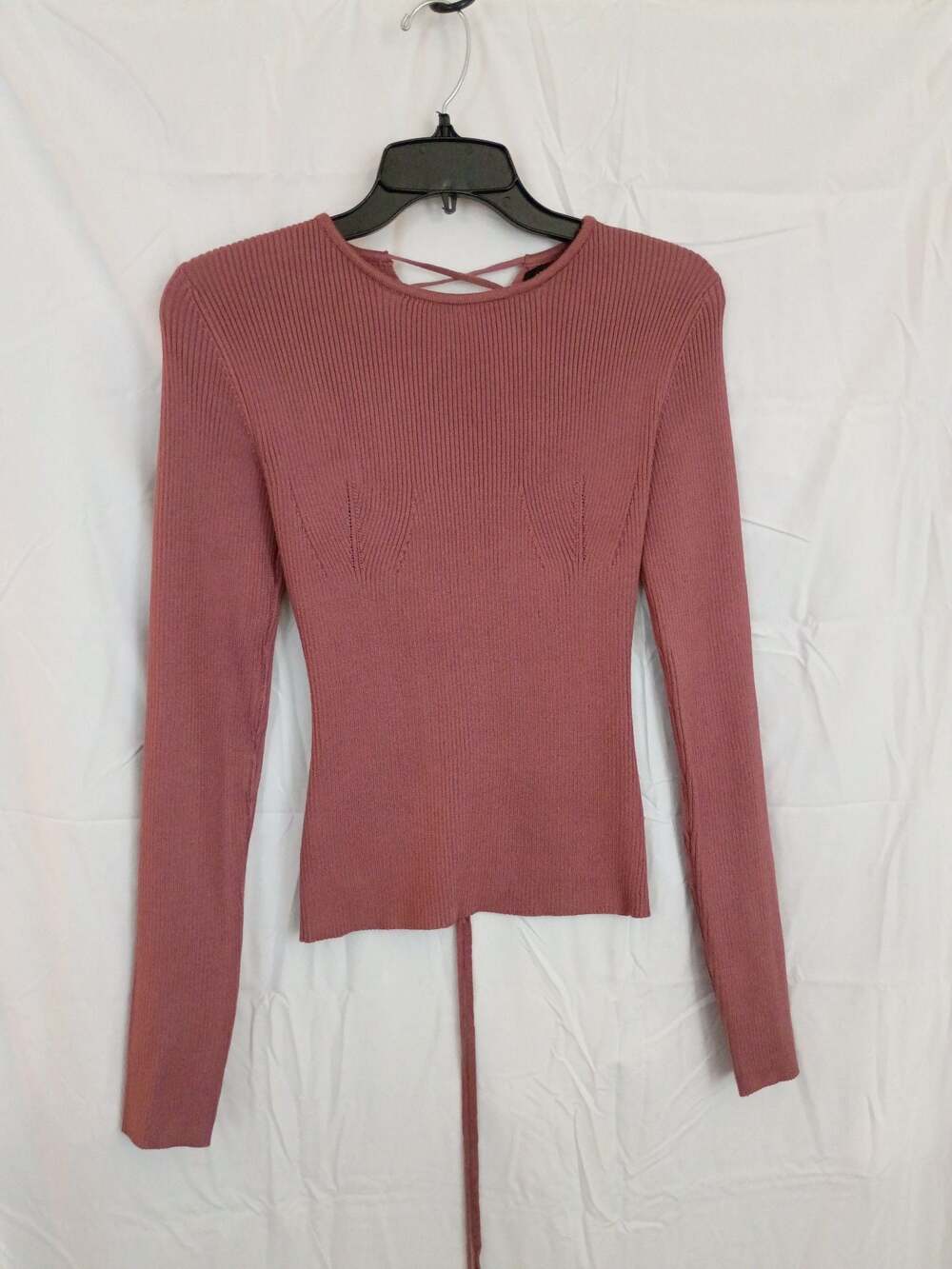 Love Tree Mauve Pink Ribbed Long Sleeve Knit Top With Lace-Up Back Size M